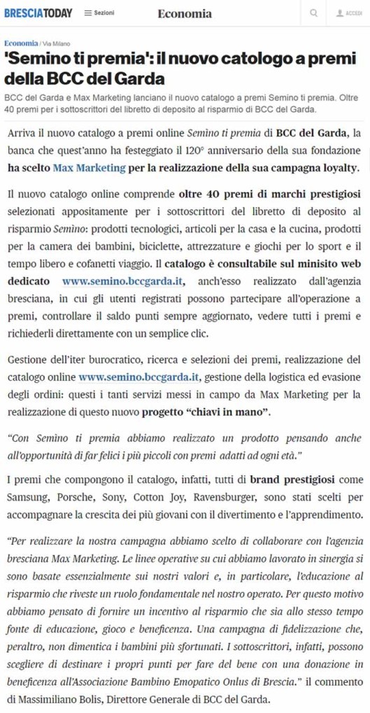 Brescia Today - Semino ti premia Catalogo Premi BCC Garda Max Marketing